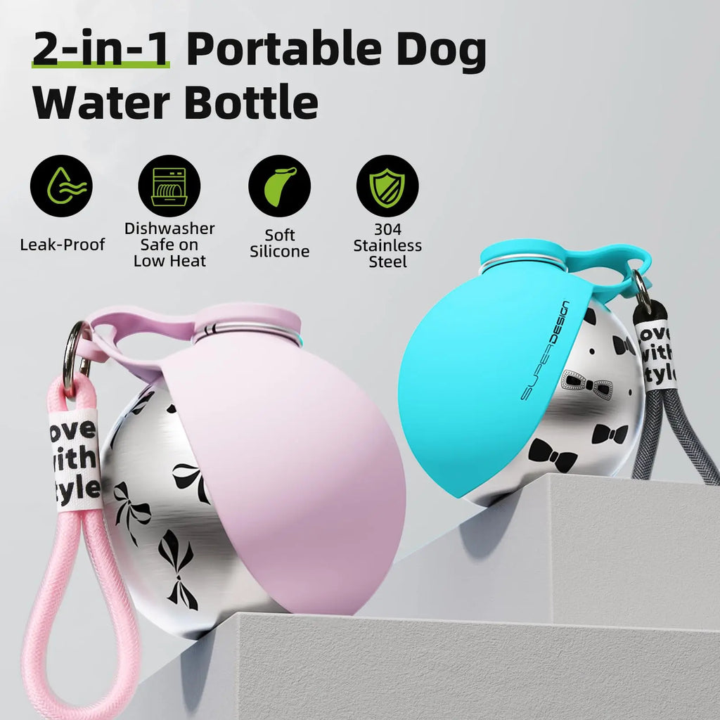 Bouteille d'eau portable 2-en-1 pour petits chiens - Bouteille d'eau de voyage étanche et compacte pour chiens - Bouteille en acier inoxydable et silicone