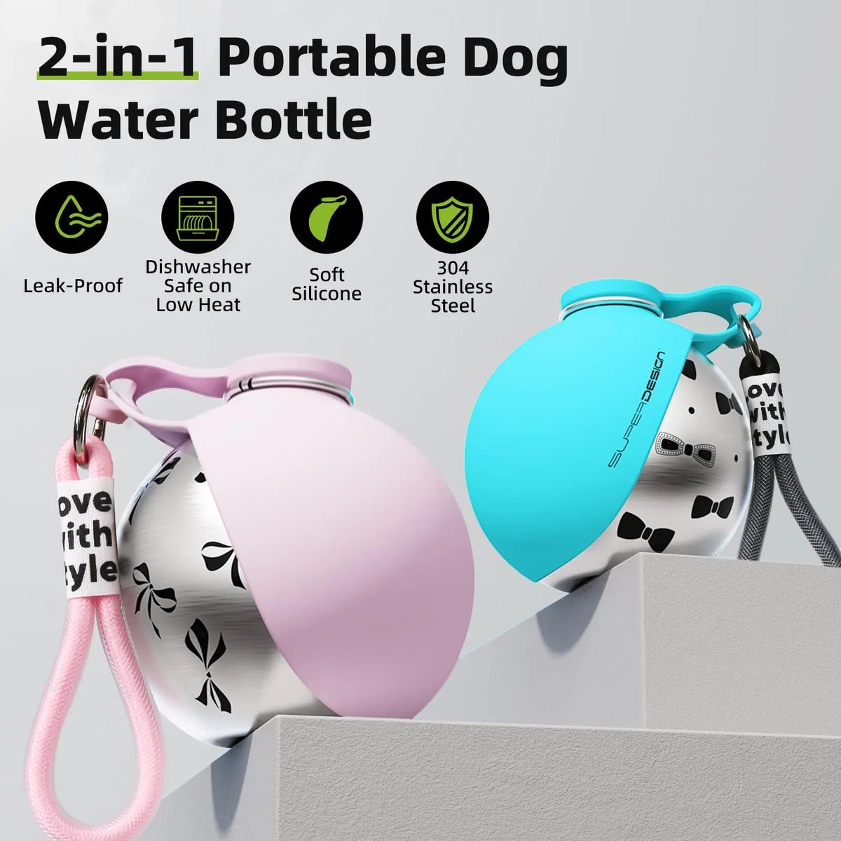 Bouteille d'eau portable 2-en-1 pour petits chiens - Bouteille d'eau de voyage étanche et compacte pour chiens - Bouteille en acier inoxydable et silicone