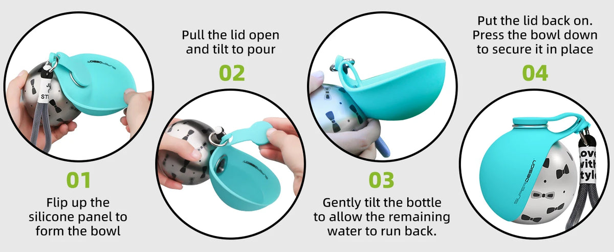 Bouteille d'eau portable 2-en-1 pour petits chiens - Bouteille d'eau de voyage étanche et compacte pour chiens - Bouteille en acier inoxydable et silicone