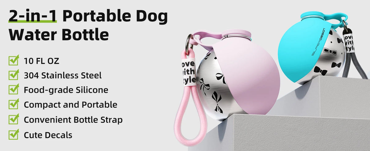 Bouteille d'eau portable 2-en-1 pour petits chiens - Bouteille d'eau de voyage étanche et compacte pour chiens - Bouteille en acier inoxydable et silicone